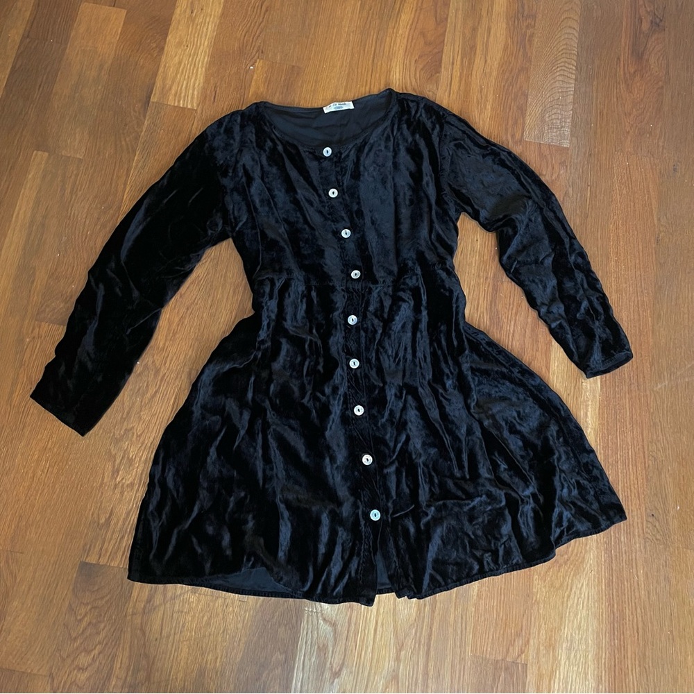 Vintage Black Velvet Midi Babydoll Dress w. Mother of Pearl Buttons
